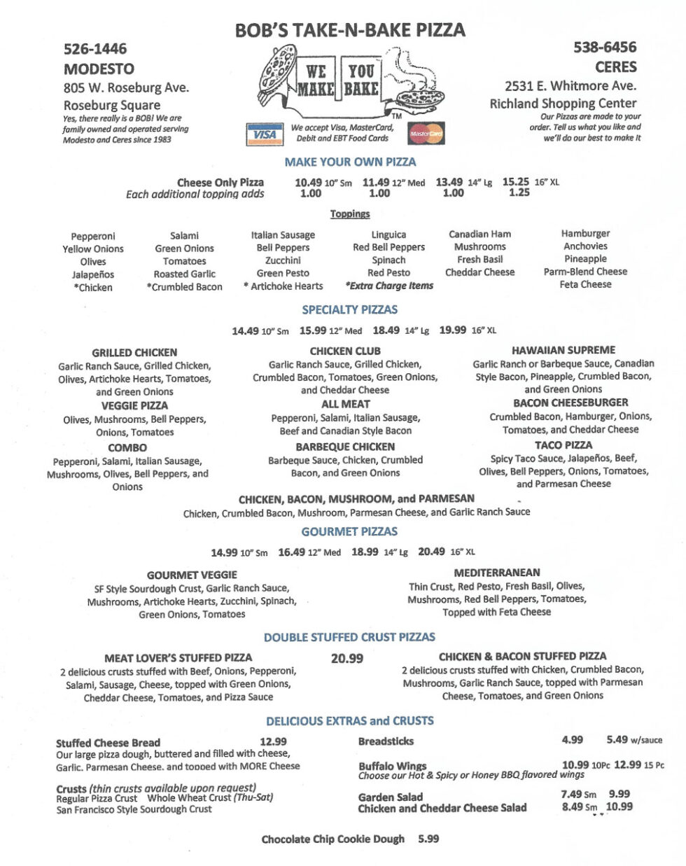 Menu for Modesto Location Bob's Take N Bake Pizza